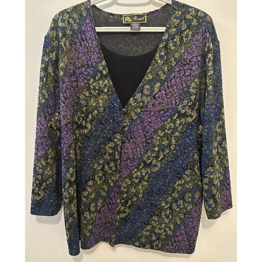 Vintage 90s Mirasol Abstract Print Button Front Blouse With Inset XL Made USA